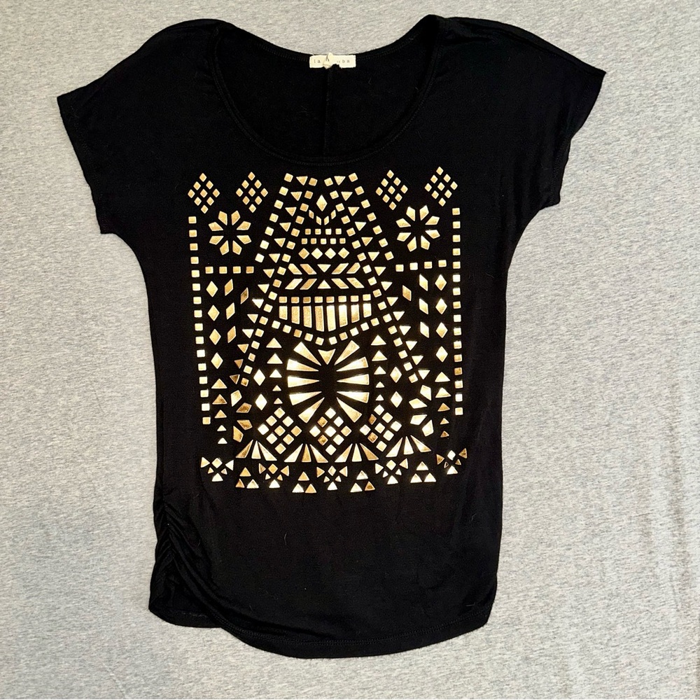 La Mamba Black Gold Studded Geometric Top S Short Sleeve Side Ruched Rayon Blend